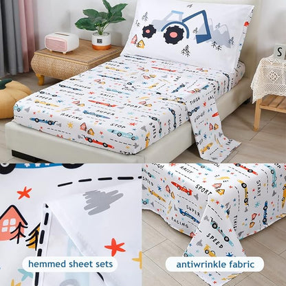 PERFEMET Cars Boys Comforter Set Twin Size 4 Pieces Reversible Truck Kids Bedding Set Soft Microfiber Vehicles Teen Boy Bed in a Bag with Sheets for All Season Use(White, Twin)