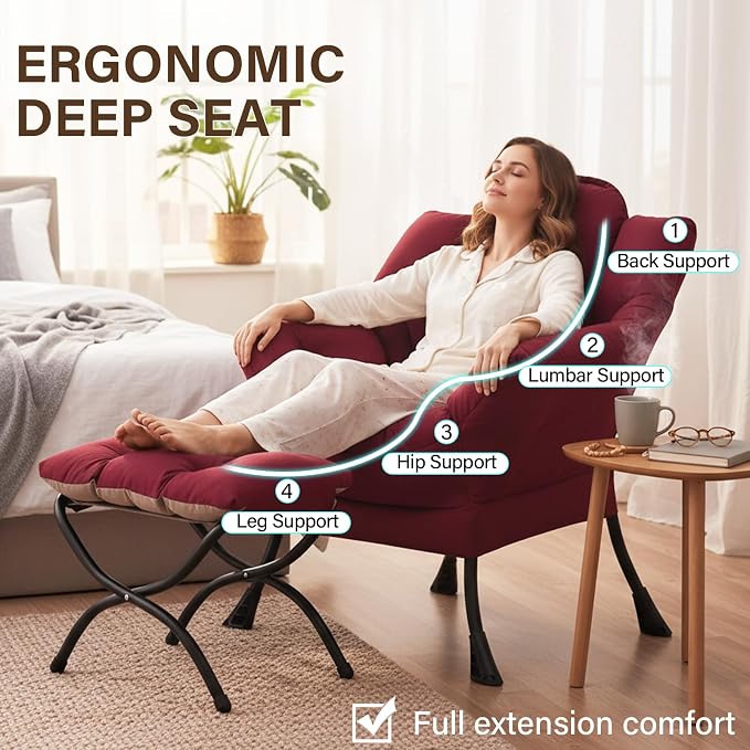Welnow Lazy Chair with Ottoman, Reading Chair with Footrest, Burgundy | A Side - Image 6