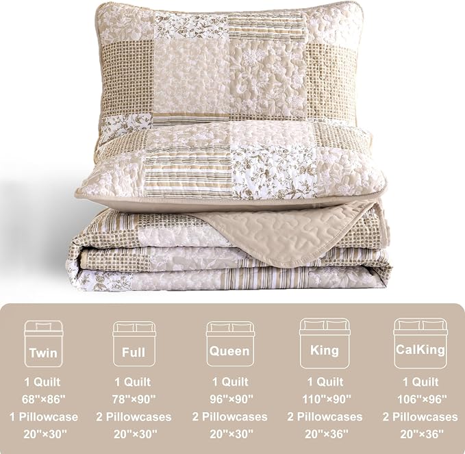 Mybedsoul Beige Boho Quilt Set King Size, 3 Pieces Plaid Floral Bedspread Set - Image 5