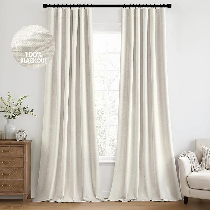 MIULEE 100% Blackout Back Tab Pleat Linen Curtains 50" Wx96 L, Thick Faux Linen - Image 2