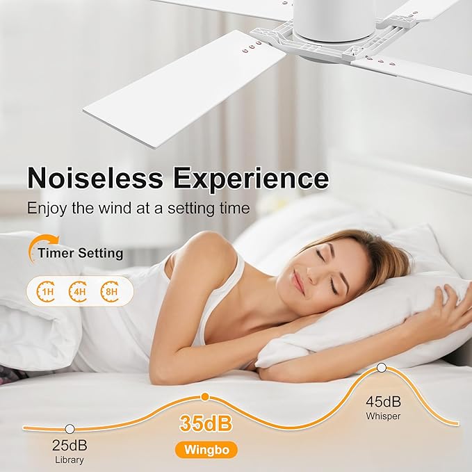 WINGBO 48 Inch Flush Mount Ceiling Fan without Light - 4 Plywood Blades, 6-Speed Reversible DC Motor, Noiseless Low Profile Ceiling Fan No Light for Bedroom Living Room, White and Oak/White