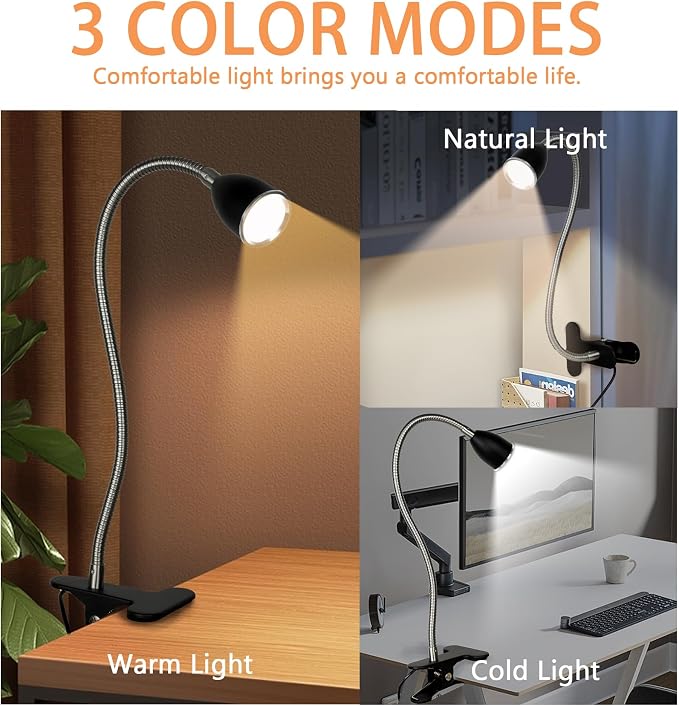 Desk lamp Eye-Caring Table Lamps, 360°Rotation Gooseneck Clip on Lamp Reading - Image 2