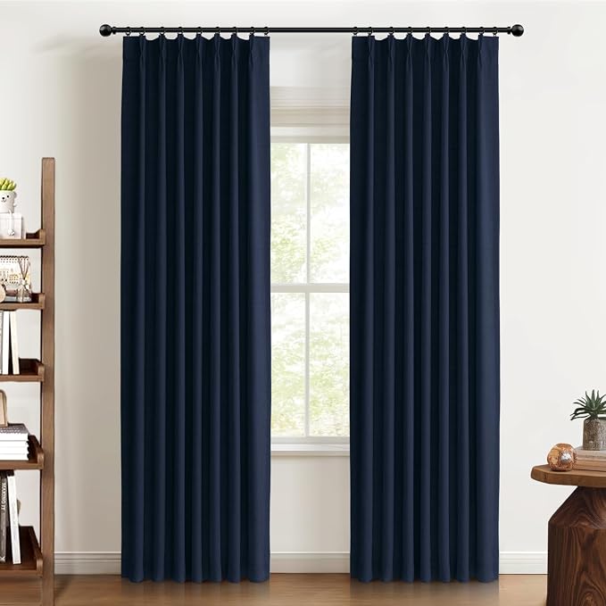 Pinch Pleated Full Blackout Faux Linen Curtains 108 Inches Long | Midnight Blue by 100BlackoutShield