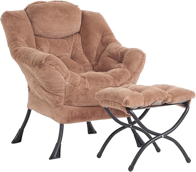 Lazy Chair with Ottoman, Comfy Accent Reading Chair, Plush Brown | Foldable by LITA