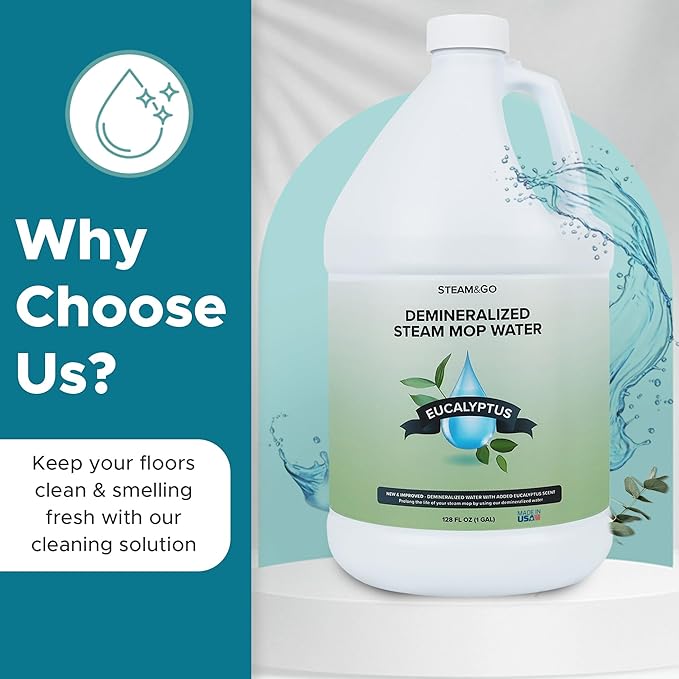 Steam & Go Demineralized Water Cleaning Solution for Floor & Multi-Surface Steam Cleaners - Compatible for Any Mop - Eucalyptus Mint, 128 oz
