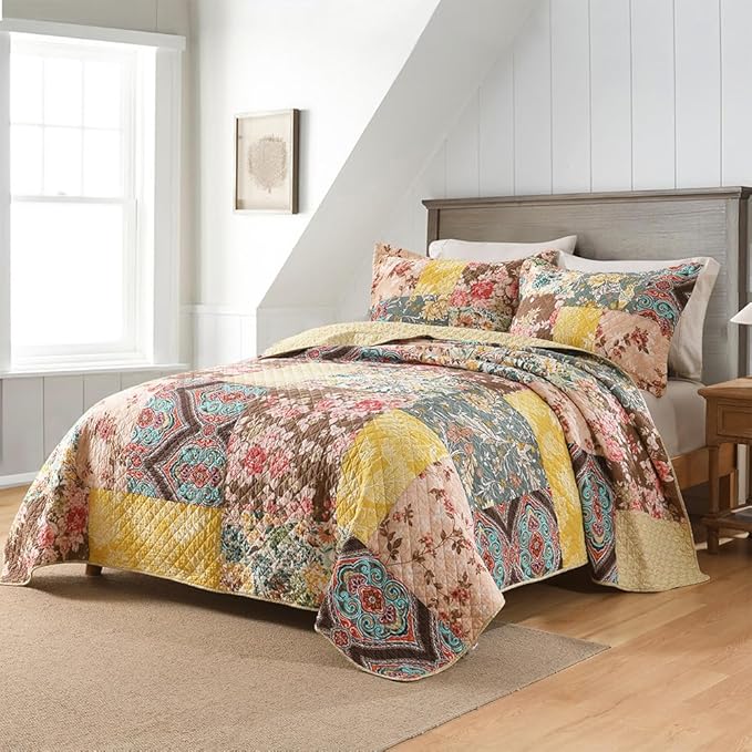 Autumn Dream Cotton Bedspread Quilt Yellow Floral Bedding Sets, Queen Size | by AutumnDream