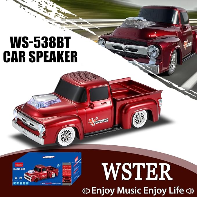 WSTER WS-538 Retro Pickup Truck Bluetooth Replica Speaker – Portable Wireless Car Model Speaker with FM, TWS, LED Party Lights, USB/TF Playback, Built-in Microphone, Type-C, Surprise Gift(Red)