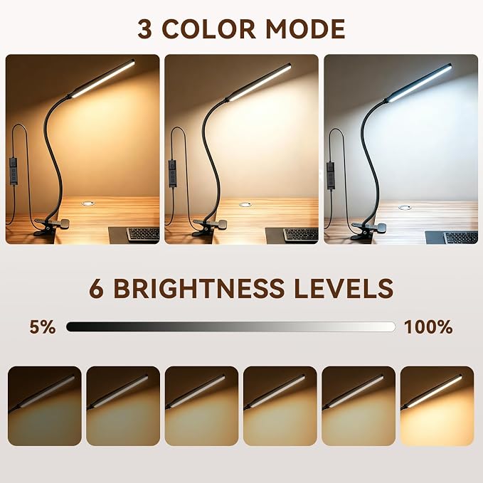 Clip on Desk Lamp, Flexible Reading Light | 5W LED Book Light, 3 Color & 6 - Image 2