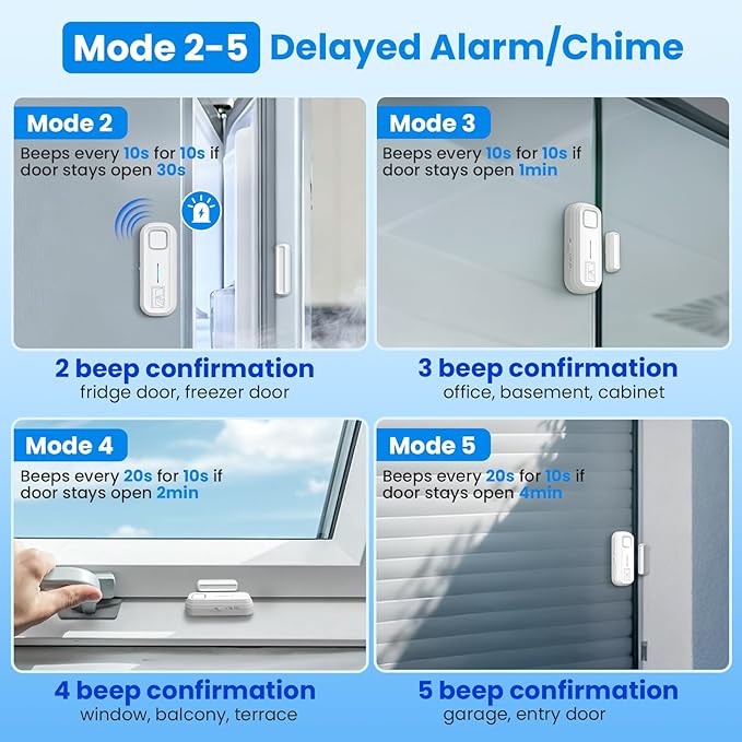 Sanjie Door Alarm with Instant and Delayed Alerts 30s/1min/2min/4min, Door Window Ajar Alarms for Kids Safety/Home Security, Volume 0-120dB, Left Open Alert for Freezer Fridge Home, 3 Sensor