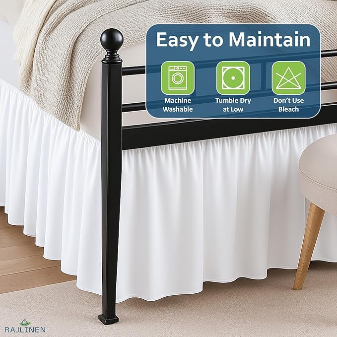 Rajlinen Ruffled Bed Skirt Queen, 10 Inch Drop Dust Ruffle with Split Corners, 100% Microfiber Bedskirt with Platform, Three-Sided Coverage Ruffled Gathering Design, White
