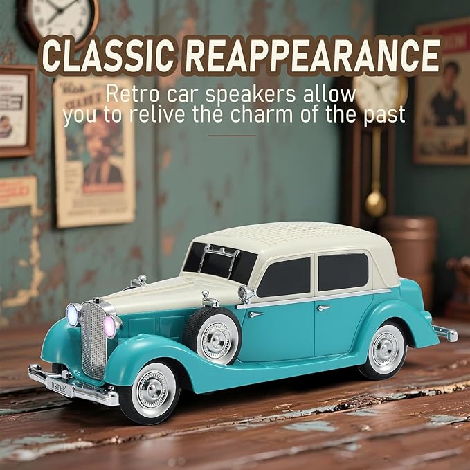 WS-1934 Retro Classic Car Bluetooth Replica Speaker – Wireless HD Sound with FM Radio,TWS Stereo,LED Party Lights,Built-in Microphone Hands-Free Call, Surprise Portable Gift for Party Use(Green)