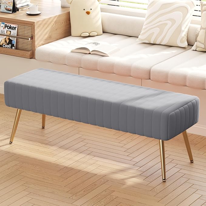44 Inch Bedroom Benches, Upholstered Tufted Striped Fabric Ottoman Bench - Image 5