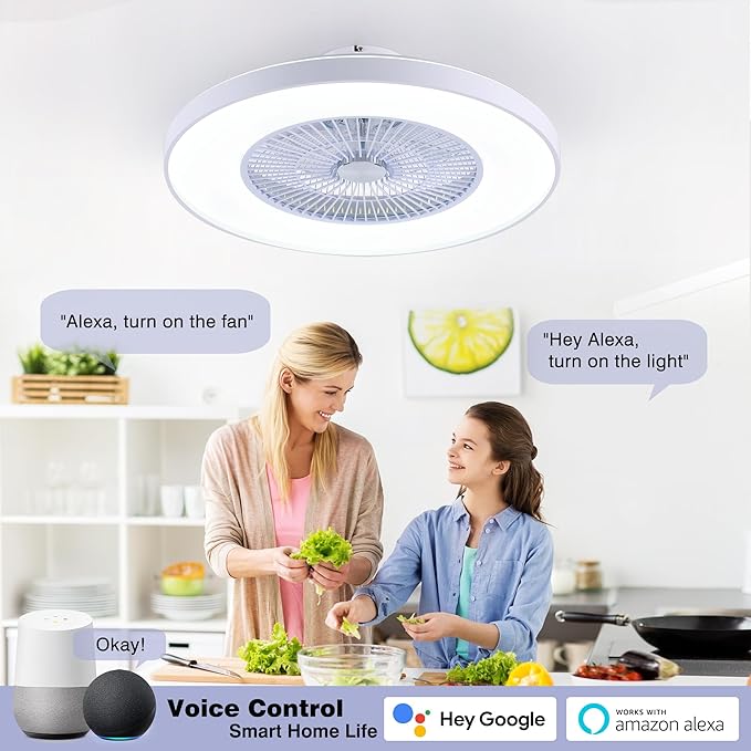 HUMHOLD 24" Bladeless Ceiling Fans with Lights and Remote/APP/Voice Control, Low Profile Ceiling Fan with RGB Lights, Enclosed Flush Mount Ceiling Fan for Kid's Bedroom/Living Room