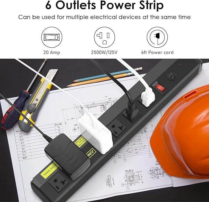 JUNNUJ Heavy Duty Metal Power Strip 20 Amp, High Amp Surge Protector 6 Outlet, 20A Power Strips Workshop Industrial Outlets Wide Spaced 6-20R T-Slot with Circuit Breaker, 12 Gauge Extension Cord 10ft