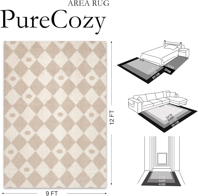Beige 9x12 Area Rug for Living Room Soft Checkered Shag Carpet | Machine - Image 2