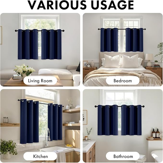 Short Navy Blue Blackout Kitchen Curtain W40 x L45 Inch 2 Panels | Thermal - Image 5