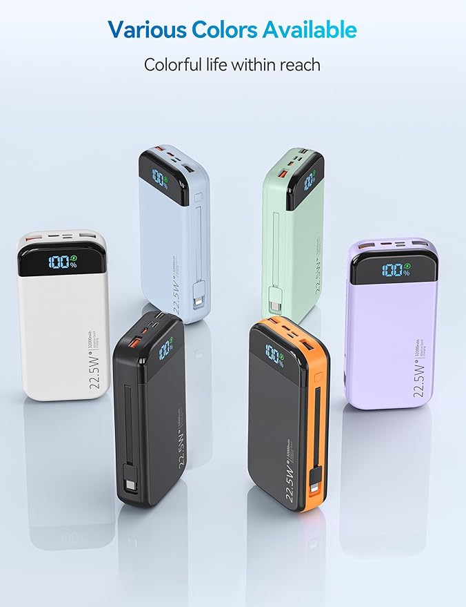 LENGSUM Portable Charger Power Bank Built-in Cables, 32000mAh 22.5W USB C Fast Charging, 5 Outputs 3 Inputs Travel Essentials Battery Pack Compatible with iPhone, iPad, Samsung, Google Pixel, Black