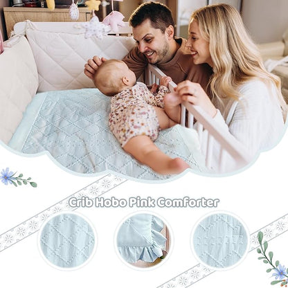 Wowelife Mini Crib Bedding Set for Girls, 3 Piece Tufted Jacquard Ruffle Fringe Baby Girl Crib Bedding Set Newborn, Infant & Nursery with Comforter, Crib Fitted Sheet and Crib Skirt, Blue