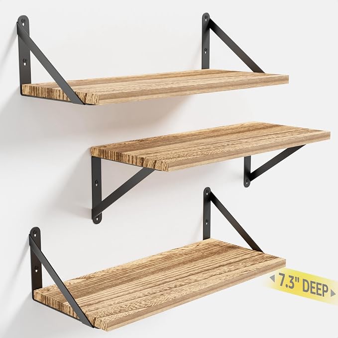 Wall Shelves 7.3" Deep Solid Paulownia Wood | 15mm Thick, Wider & Longer & by COCOYA
