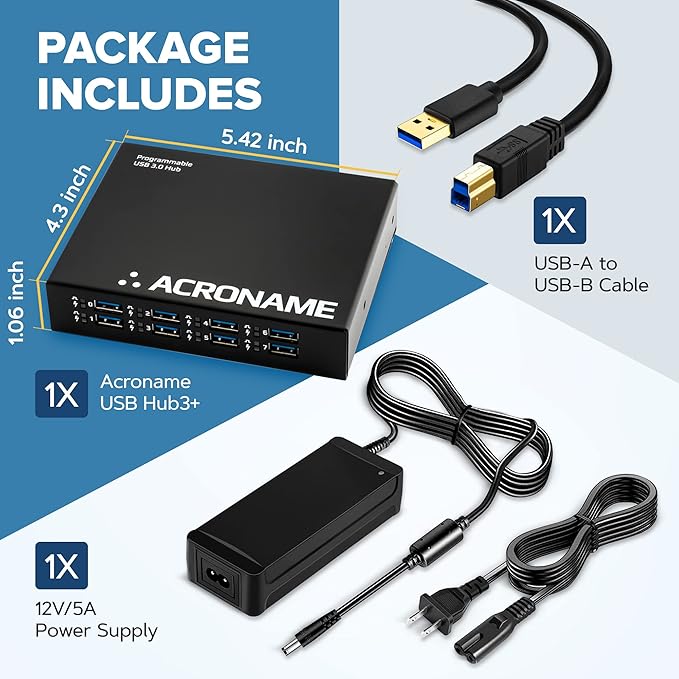 Acroname - Managed USB Switch/Hub 2 Computers - 9 Port, Fast Charge (4A), Industrial & Scientific Grade, Programmable Compatible with Mac/Windows/Linux for Keyboard Mouse External Hard Drive