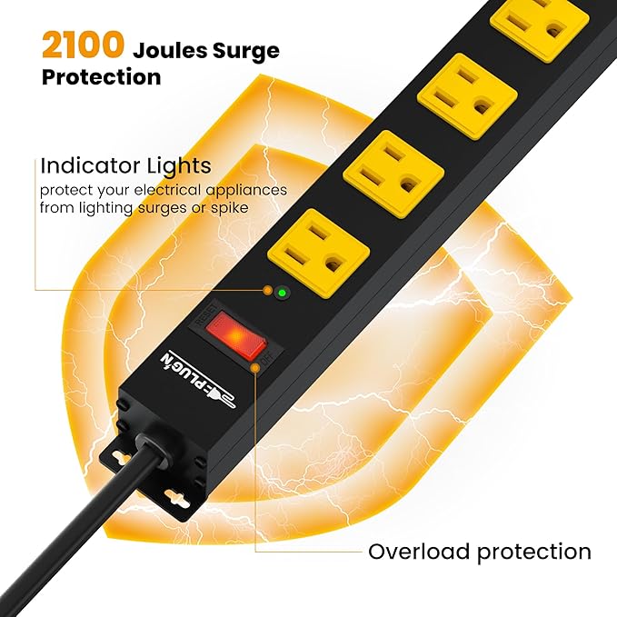12 Outlet Long Power Strip, 2100 Joules Surge Protector, 6FT Power Cord, Wide Spaced Outlet Power Bar, Overload Protection Switch, Industrial Heavy Duty for Work Bench, Shop, Garage, 2 Pack…