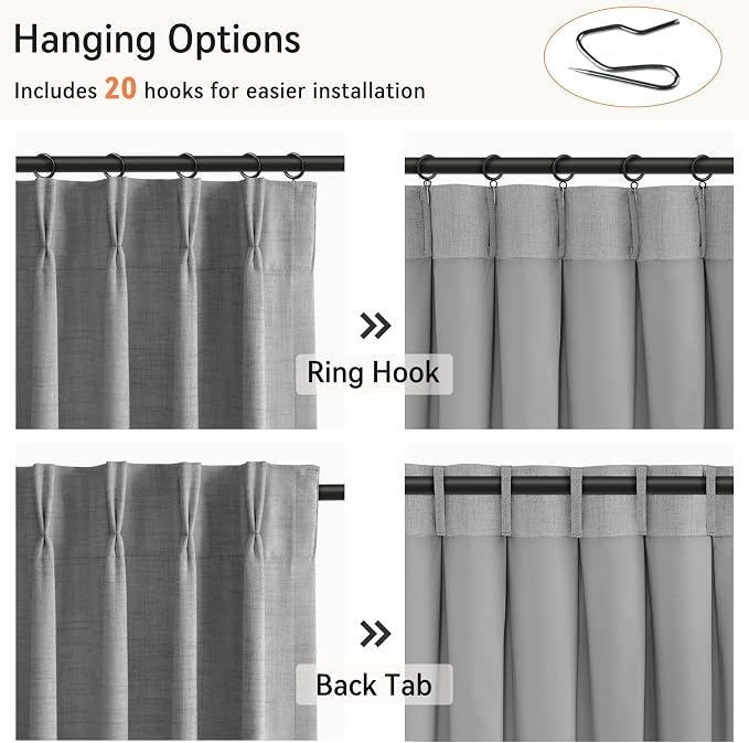Pinch Pleated Full Blackout Faux Linen Curtains 102 Inches Long | Dark Grey - Image 3