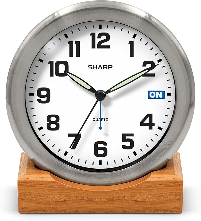Sharp Silent Sweep Quartz Analog Desk Clock with Alarm Status Indicator on Dial, Brushed Metal Clock with Genuine Wood Stand, Great Gift for Home or Office