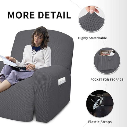 Easy-Going 4 Pieces Oversized Recliner Stretch Sofa Slipcover Sofa Cover Furniture Protector Couch Soft with Elastic Bottom Polyester Spandex Jacquard Fabric Small Checks Gray X-Large