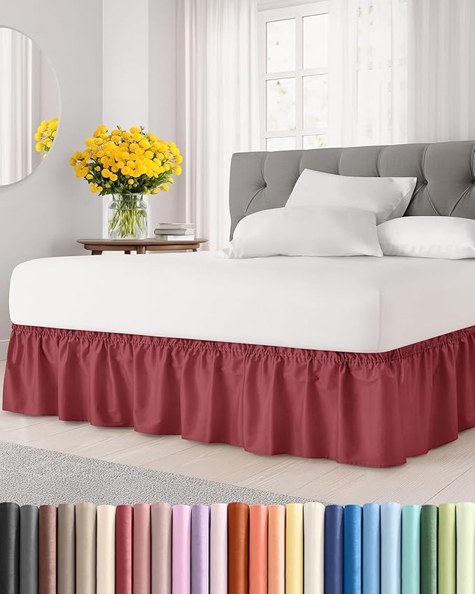 Wrap Around Dust Ruffle Bed Skirt - Burgundy - Twin/Twin XL Size Beds with 12 Inch Drop - Easy Fit Elastic - Adjustable Pleated Bedskirt w/Brushed Fabric Wrinkle Free - Women, Men, Kids & Teens