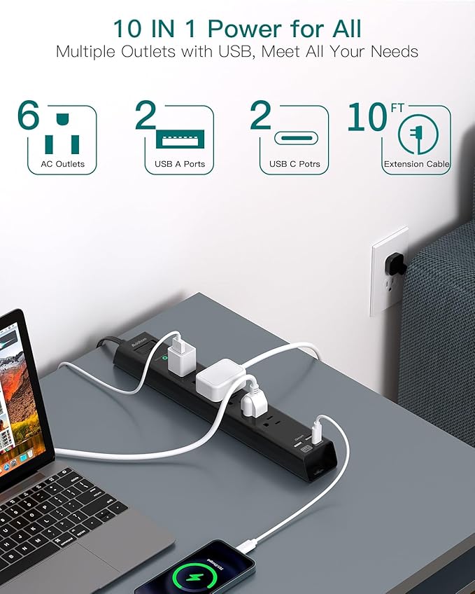 Surge Protector Power Strip - Addtam 10Ft Extension Cord with 6 AC Outlets and 4 USB Ports(2USB C), Wall Mount, Long Cord Power Strip for Home Office College Dorm Room Essentials