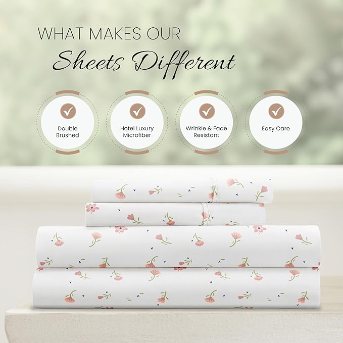 Linen Market 4 Piece Queen Sheet Set - Breathable, Double-Brushed Patterned Cooling Sheets – Oeko-TEX Certified Ultra Soft & Wrinkle-Free 16" Deep-Pocket Queen Sheets - Easy Care Soft Floral Pink