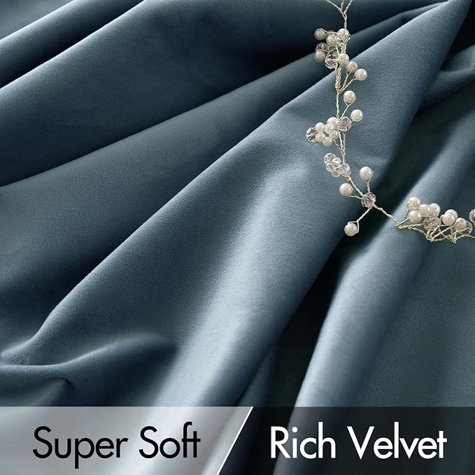 MIULEE Stone Blue Velvet Pinch Pleat Blackout Curtains W52 X L90 Inches | 2 - Image 4