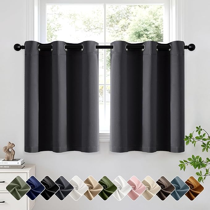 Short Dark Grey Half Blackout Curtains W40 x L36 Inch 2 Panels | Thermal by Woaboy