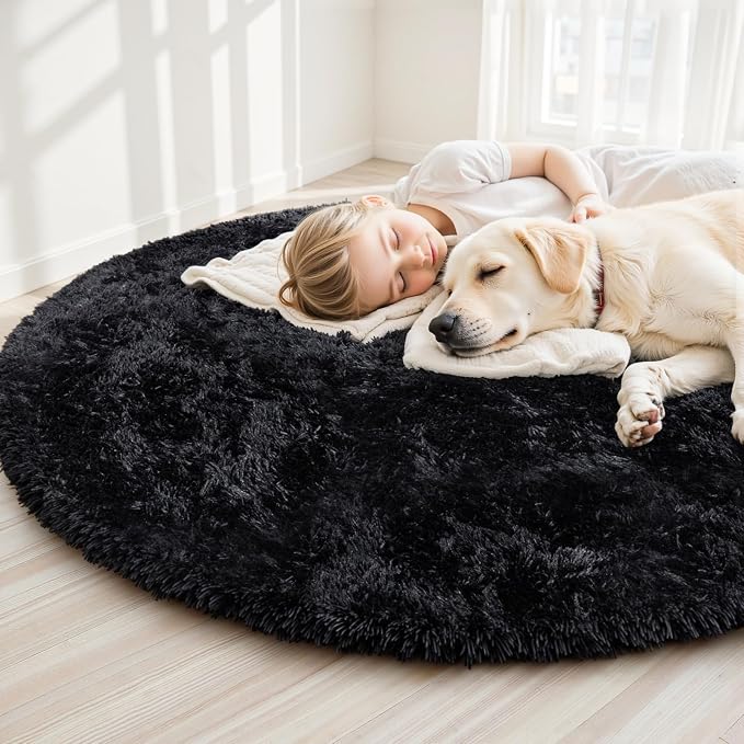 Black Round Fluffy Rug 5ft Plush Fuzzy Shaggy Carpet | Soft Rugs - Image 3