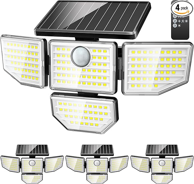 Adewalk 3000LM Outdoor Solar Light - Upgrade 4 Heads 188 LED Solar Motion Sensor Outdoor Lights, IP65 Waterproof Powered Light for Home Darkroom Backyard, 4 Pack
