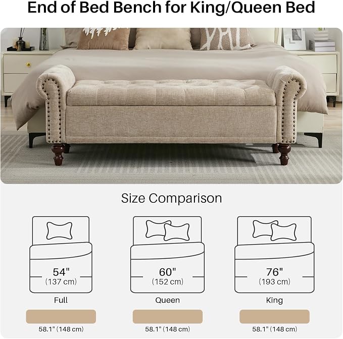SOFTHION 58.1" Storage Bench for Bedroom, Chenille Cushion, Light Brown | End - Image 5