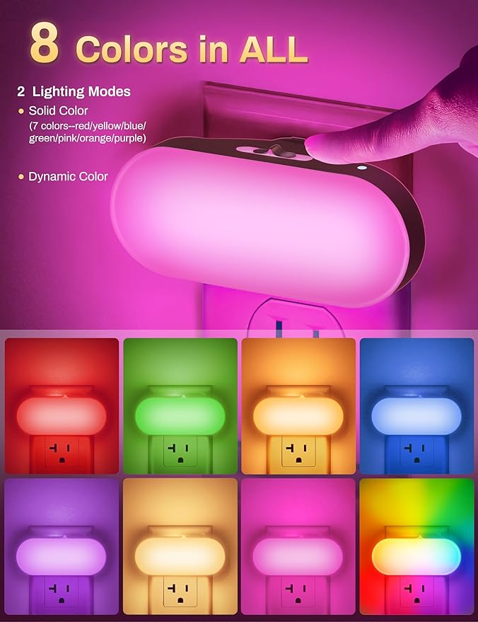 DORESshop RGB 120V Night Lights Plug into Wall, 0.7W LED Night Light for Kids Room, Bathroom Night Light, Stair Lights, Hallway Light, Color Moving, 2 Pack Christmas Gifts