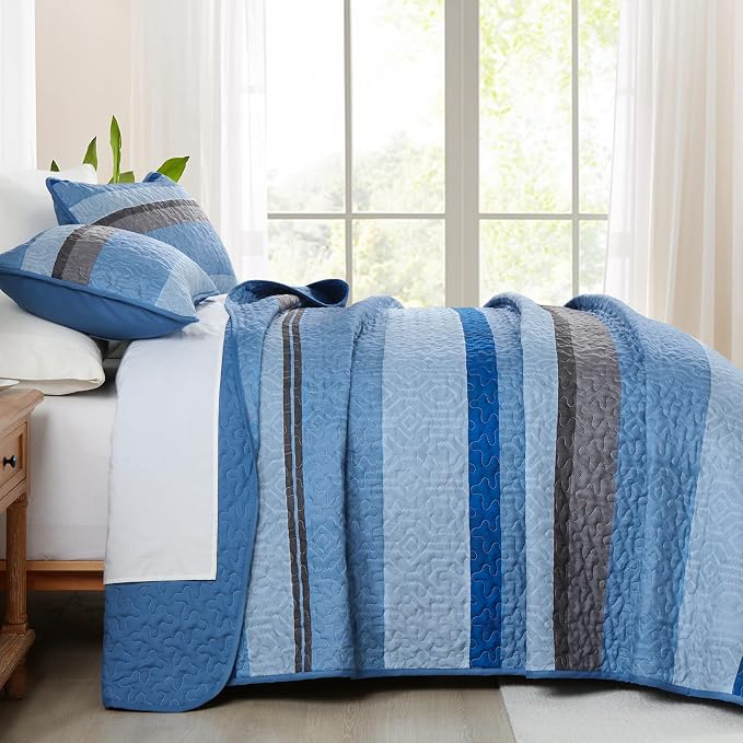 Dobuyly King Size Striped Quilt, Boho Blue Lightweight Bedspread Bedding | - Image 3