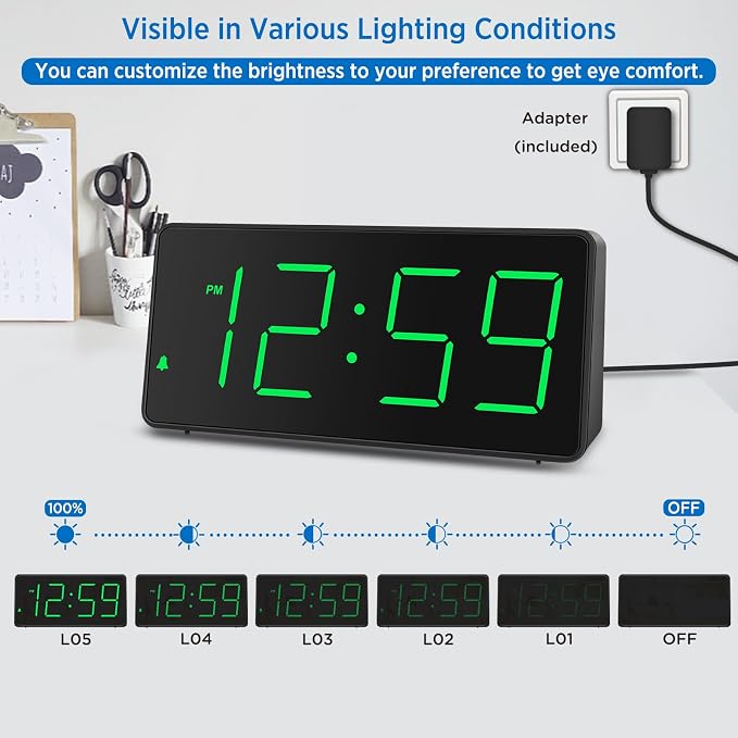 Peakeep Digital Alarm Clock for Bedroom Bedside, Large Display 5 Dimmers | - Image 5