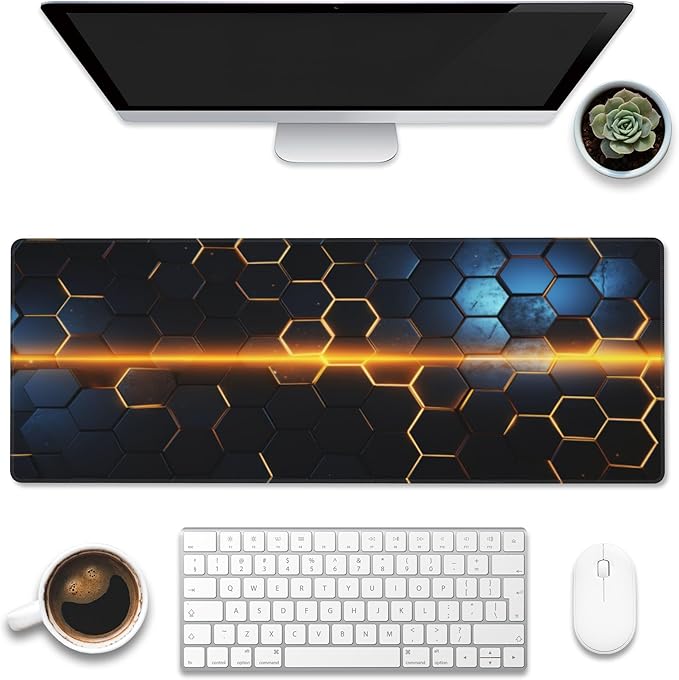 Eflxamz Large Gaming Mouse Pad for Desk,Golden Lines Honeycomb Technology Desk Mat,Honeycomb Technology Desk Pad,Extended Computer Keyboard Mouse Pad with Non-Slip Base and Stitched Edge,31.5"x11.8"