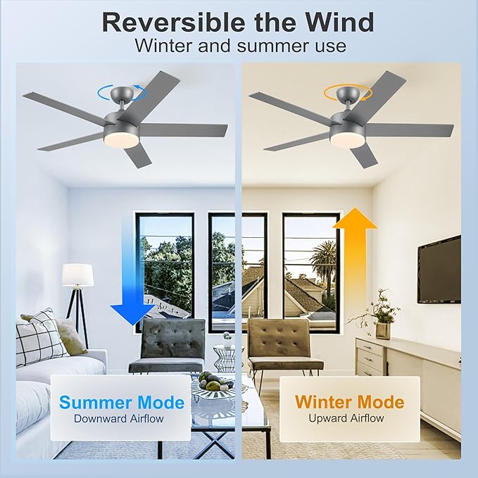 POCHFAN 52 inch Ceiling Fans with Lights and Remote Control Silver, Modern Ceiling Fan Dimmable 3 CCT Temperatures 6-Speed, Quiet LED Ceiling Fan for Bedroom, Living Room