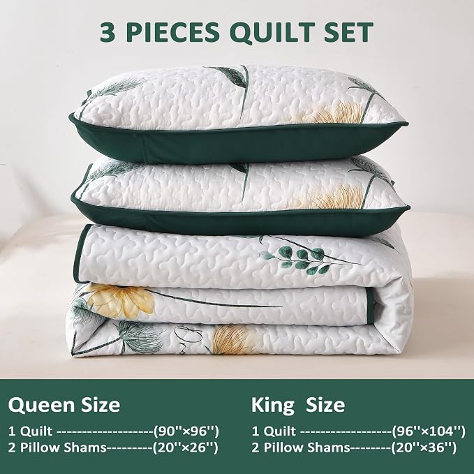 Dinjoy Green Quilt Set King Size, Boho Floral Bedspreads, Autumn Bedding | Fall - Image 4