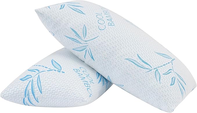 2 Pack Standard Size Rayon Derived from Bamboo Pillow for Sleeping, Cooling Shredded Memory Foam Adjustable Bed Pillow with Hypoallergenic, Removable/Washable Cover