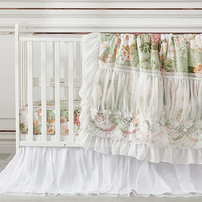 Brandream Crib Bed Skirt for Baby Girls Boys White Lace Tulle Ballerina Girls Dust Ruffle Double Layered with Solid Cotton Toddler Bedskirt