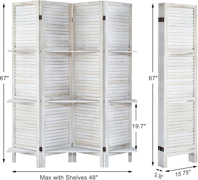 Room Divider with Shelves, 4 Panel Distressed White | Partition Room Dividers - Image 2