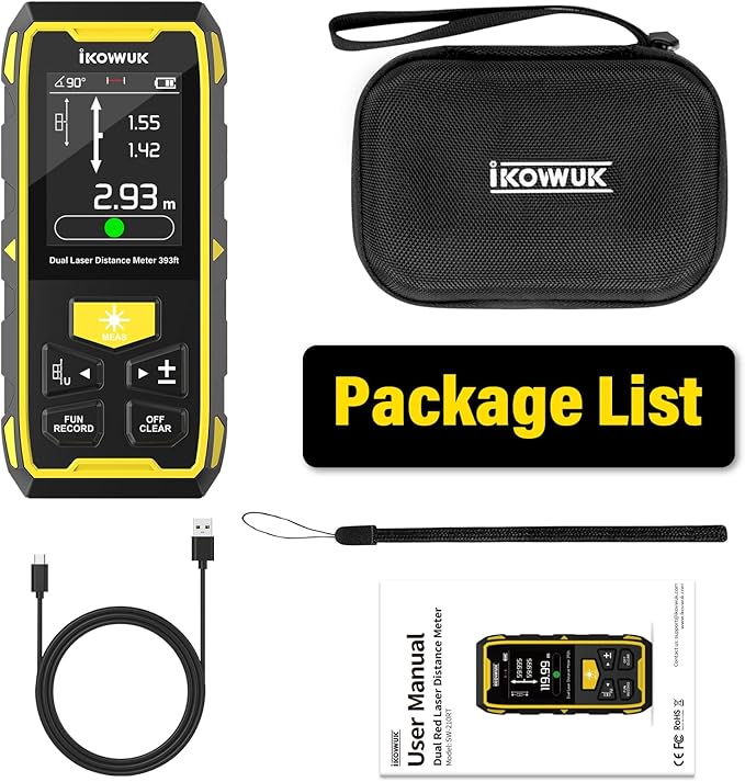 IKOVWUK Dual Laser Measuring Tool, 393FT/120M Bilateral Laser Distance Meter 6 Unit Switching, Rechargeable Digital Laser Measure with Backlit LCD Display, Angle Sensor, Multiple Measure Mode