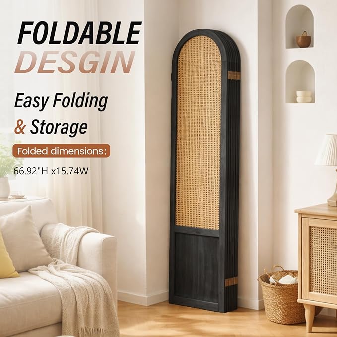 6 Panel Rattan Room Divider Screen, Boho Folding Privacy Screen | Decorative - Image 6