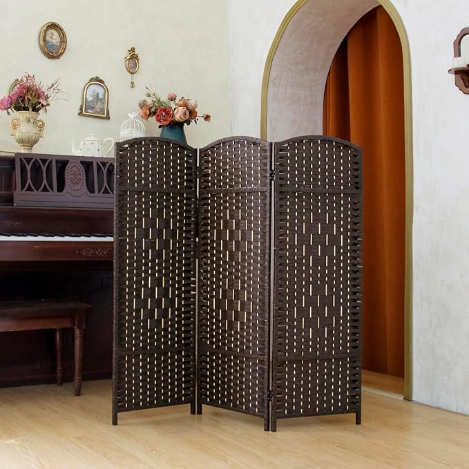 Compact 3 Panel Short Room Divider, 47.2 Inch Tall Double-Sided Rattan Folding by PawlaBay
