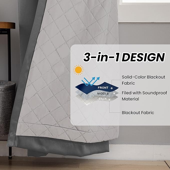3-in-1 Layers Soundproof Curtains,Grommet Full Blackout Thermal Noise Dampening Curtains for Living Room, Bedroom(1 Panel,Grey,50" x108")