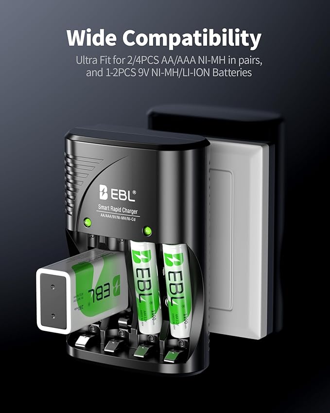 EBL Rechargeable AAA Batteries 4 Packs, Battery Charger with Foldable AC Power Plug for AA AAA 9V Ni-MH Ni-CD Rechargeable Batteries